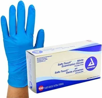 Box of nitrile examination gloves with a gloved hand